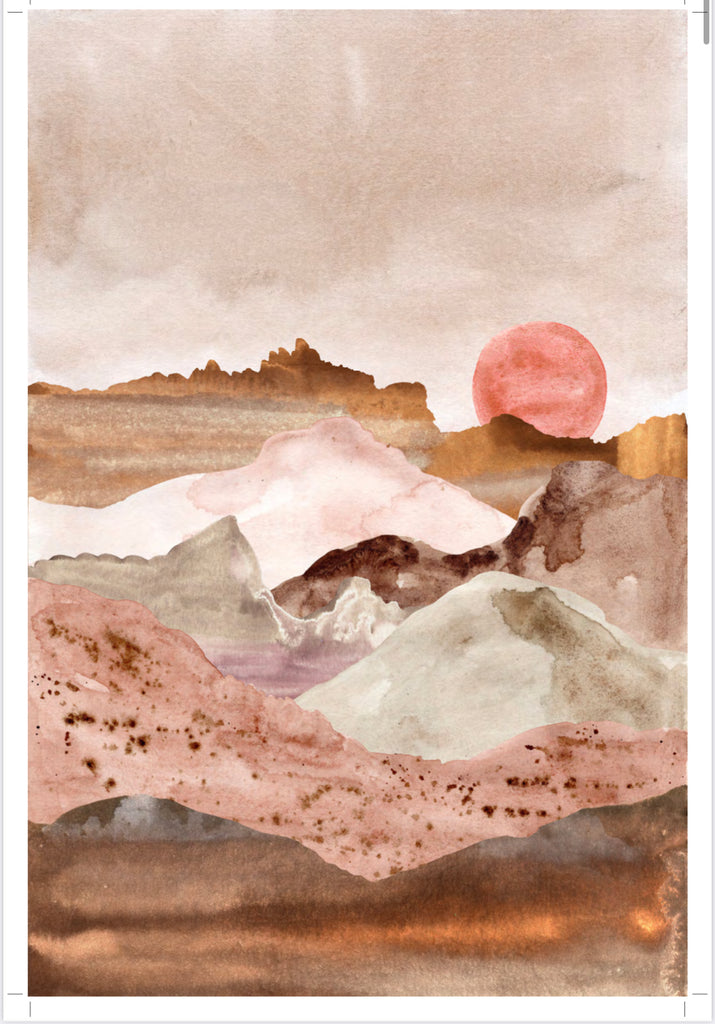 Pink Watercolor Mountain Sunset Art Print 12” x 18”