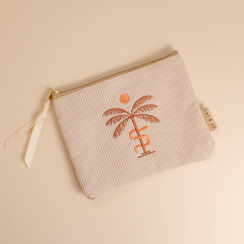 Corduroy Palm Tree Zipper Pouch in Stone