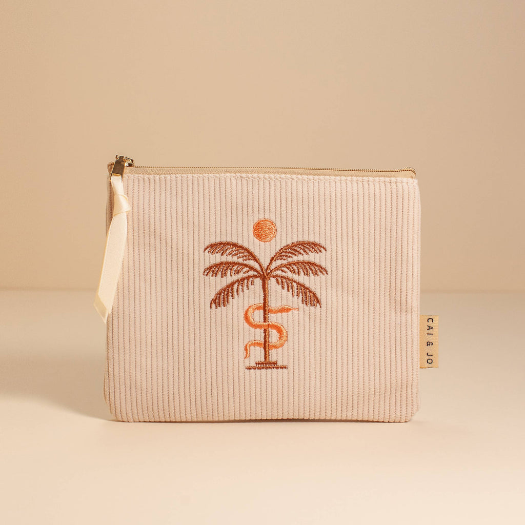 Corduroy Palm Tree Zipper Pouch in Stone