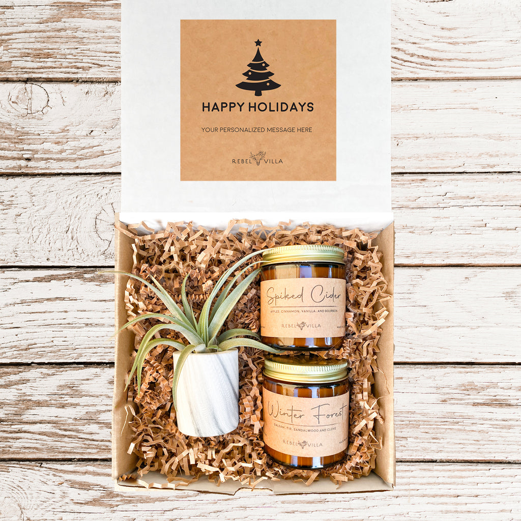 Happy Holidays Gift Box | Marble Pot with Air Plant + 2 Soy Candles