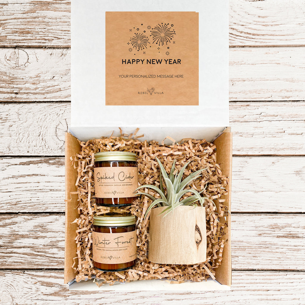 Happy New Year Gift Box | Driftwood Planter + Air Plant + 2 Soy Candles