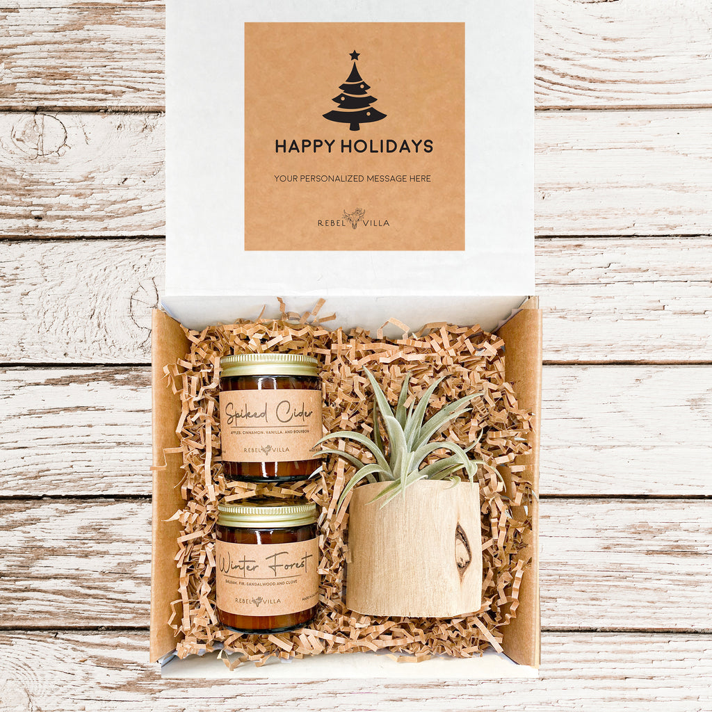 Happy Holidays Gift Box | Driftwood Planter + Air Plant + Two Soy Candles