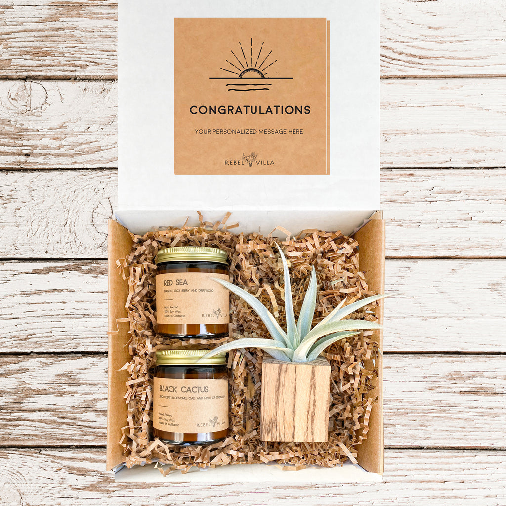 Natural Wood Pot Gift Box | Wood Planter + Air Plant + 2 Soy Candles | Choose Your Occasion
