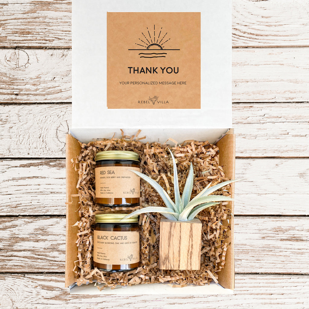 Natural Wood Pot Gift Box | Wood Planter + Air Plant + 2 Soy Candles | Choose Your Occasion