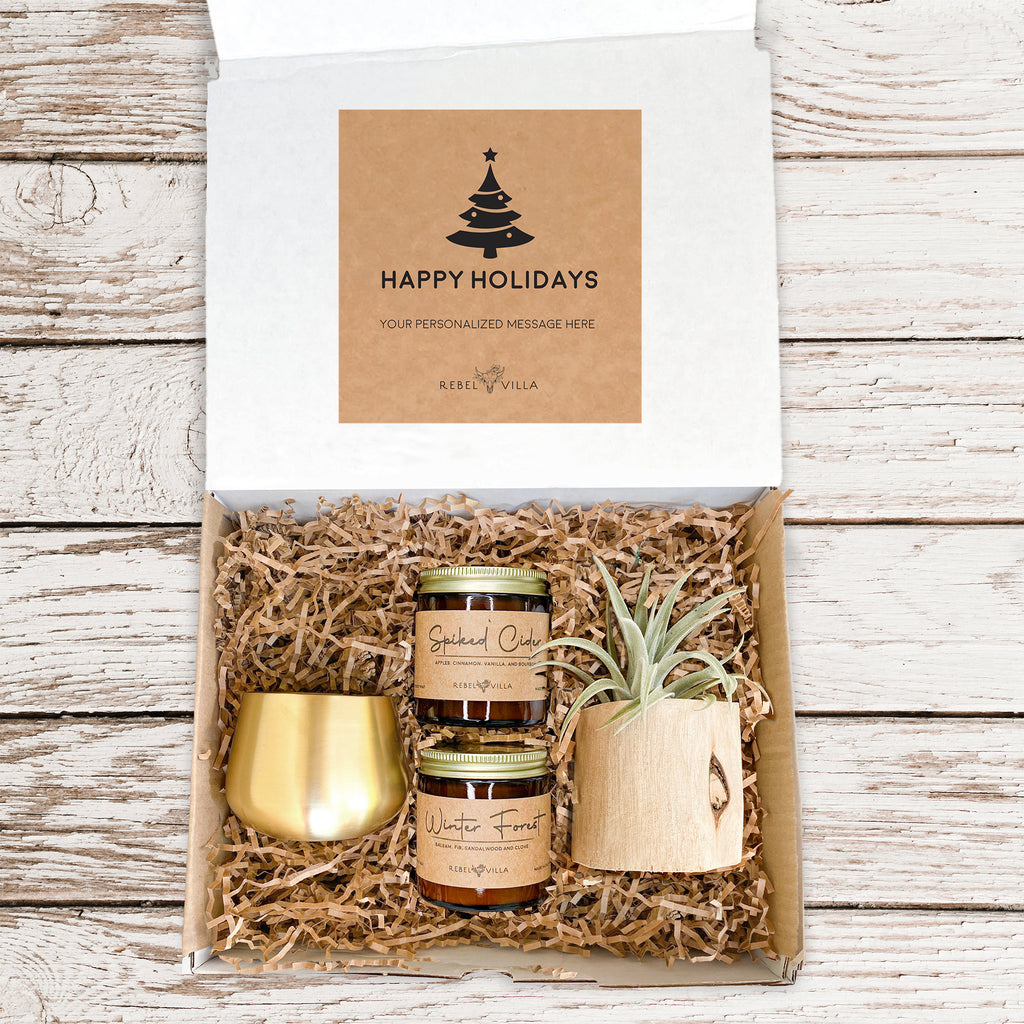 Happy Holidays Gift Box | Driftwood Air Plant + Two Soy Candles + Gold Votive