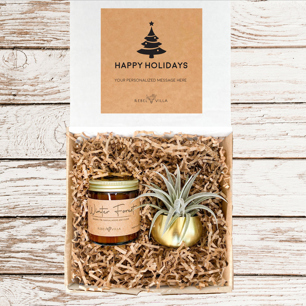 Happy Holidays Gift Box | Gold Planter + Air Plant +  Soy Candle