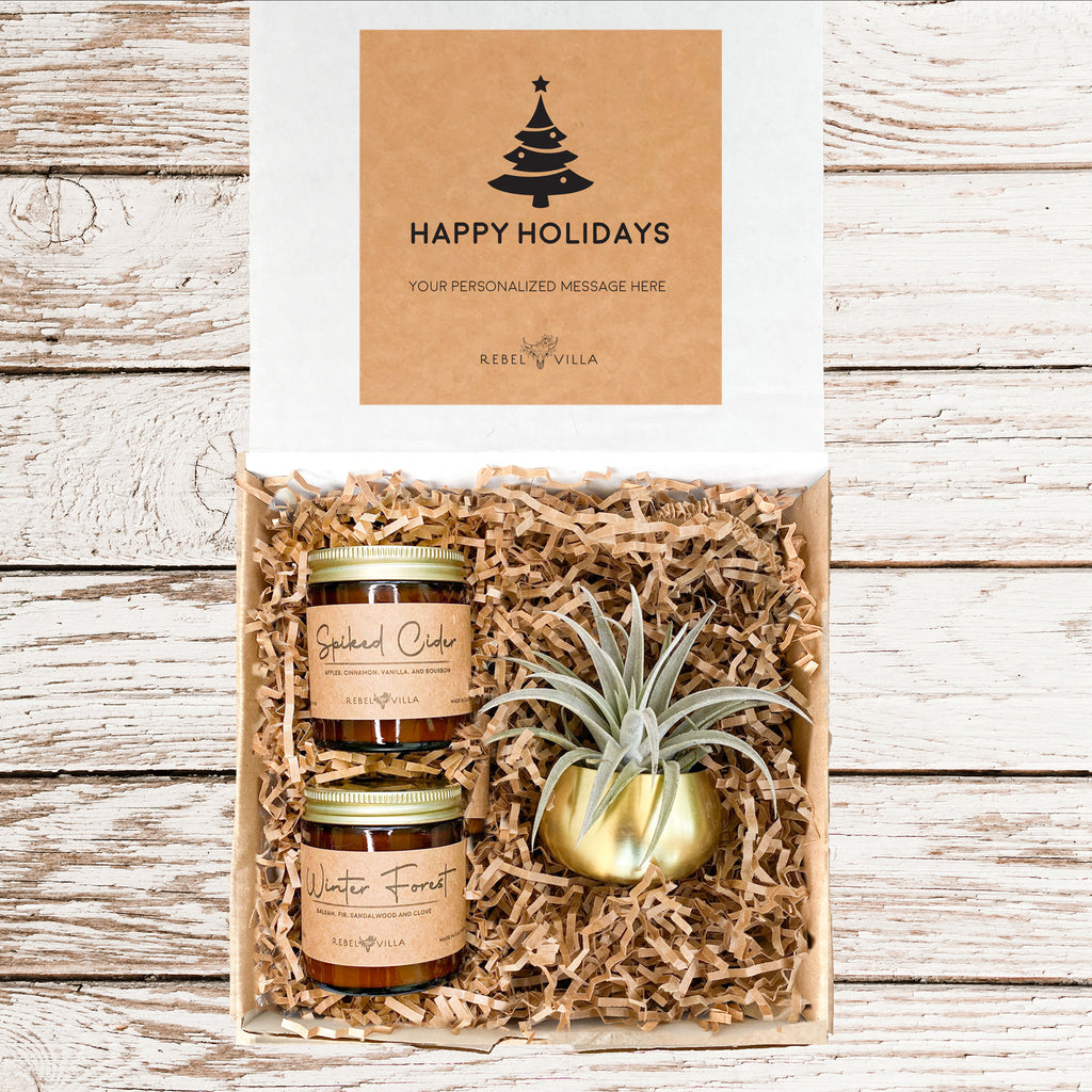 Happy Holidays Gift Box | Gold Planter + Air Plant + Two Soy Candles