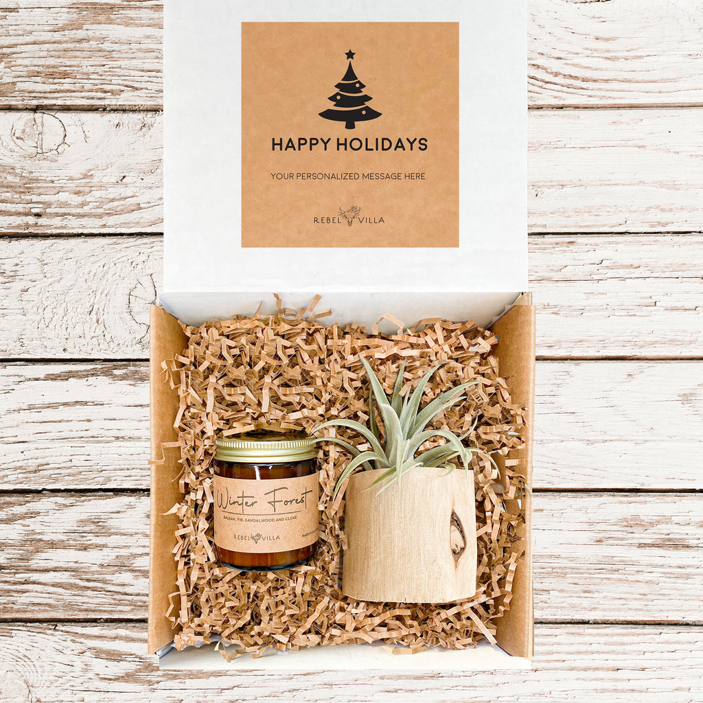 Happy Holidays Gift Box | Driftwood Planter + Air Plant +  Soy Candle