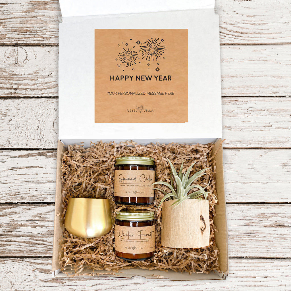 Happy New Year Gift Box | Driftwood Air Plant + Two Soy Candles + Gold Votive