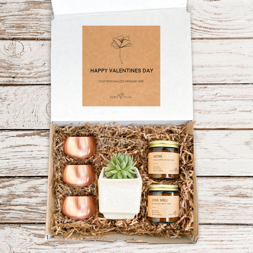 Valentine's Day Gift Box | Live Succulent in a Ceramic Pot + Rose Gold Tea Light Votives + Soy Candles