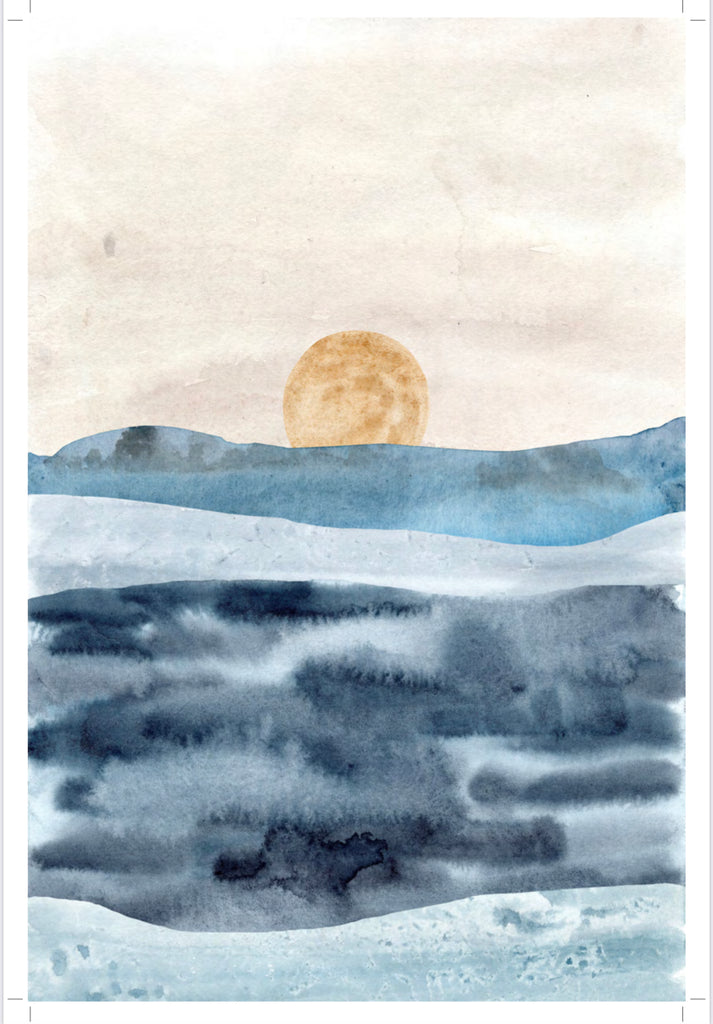 Blue Watercolor Sunset Art Print 12” x 18”