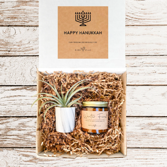 Happy Hanukkah Gift Box | Marble Pot with Air Plant + 1 Soy Candle