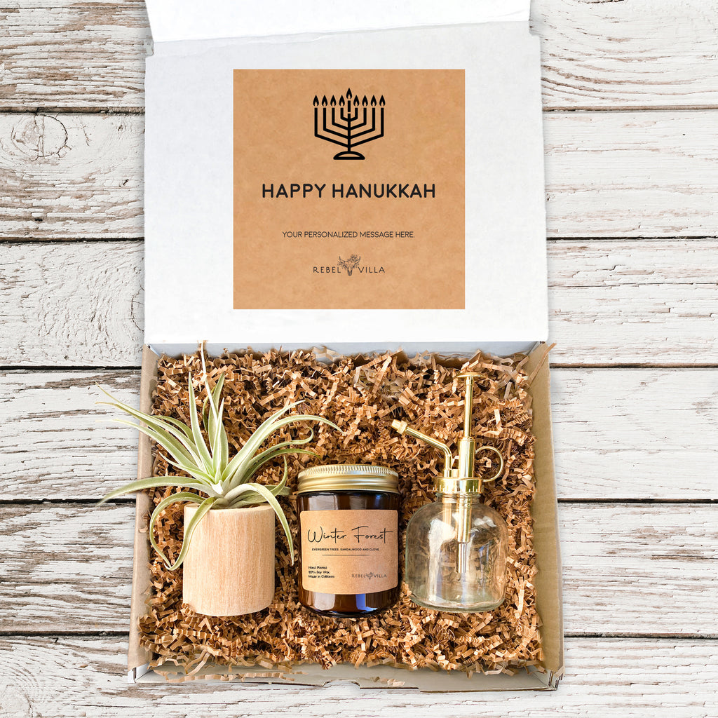 Happy Hanukkah Gift Box | Gold Mister + Air Plant + Driftwood Pot + Candle
