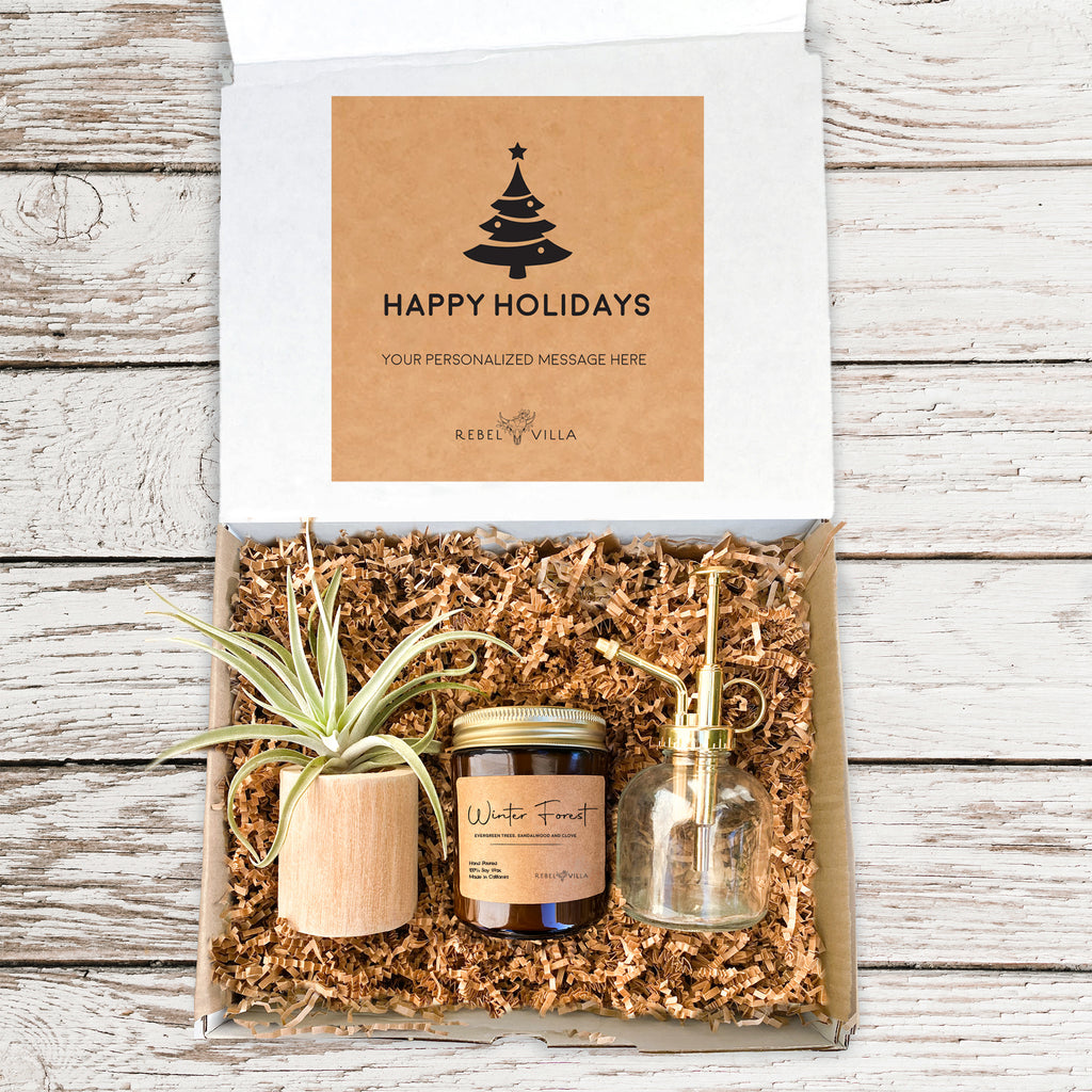Happy Holidays Gift Box | Gold Mister + Air Plant + Driftwood Pot + Candle