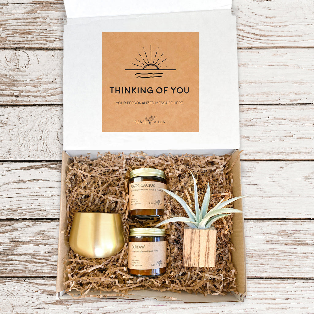 Natural Wood Gift Box | Wood Pot + Air Plant + Soy Candles + Gold Votive  | Choose Your Occasion