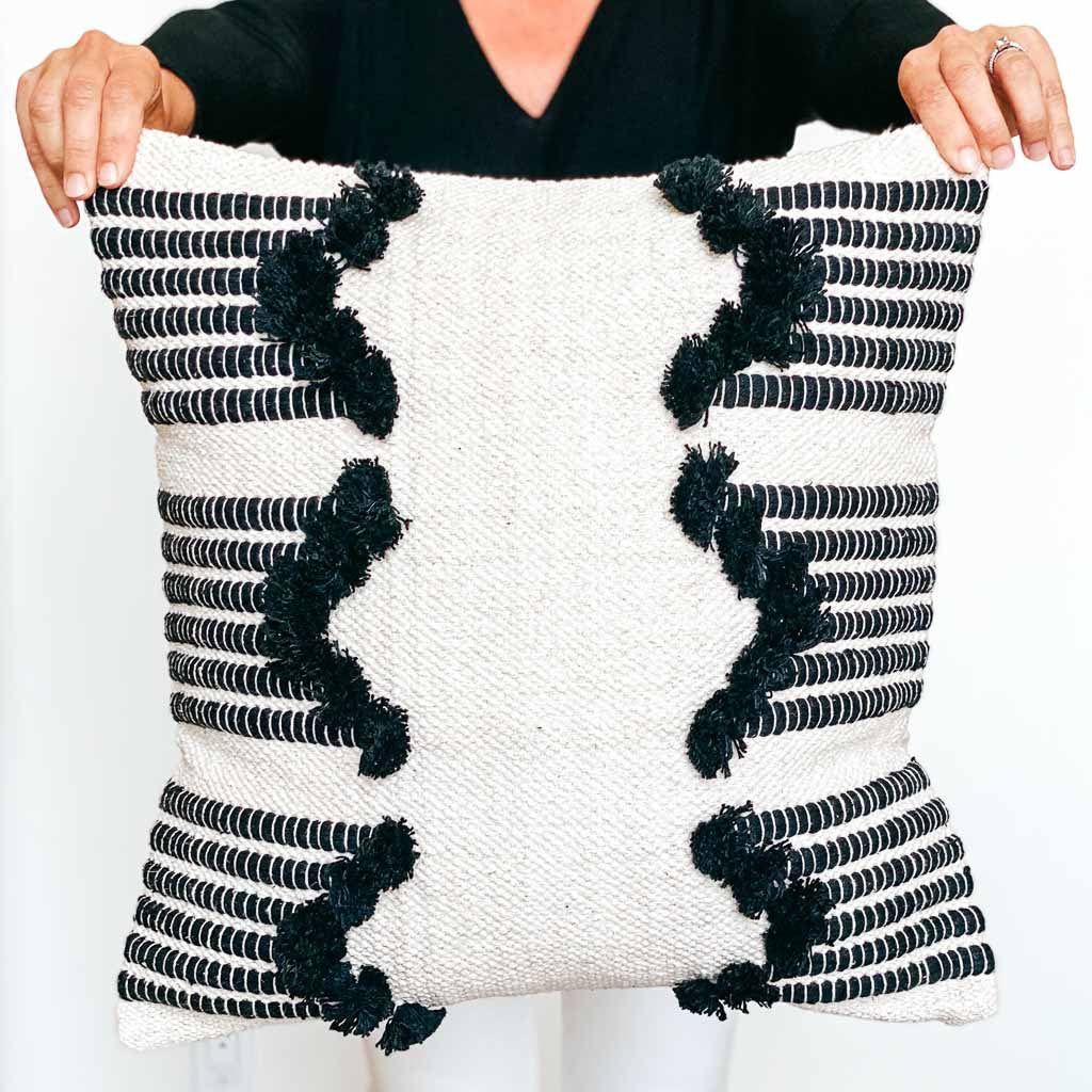 Black and White Fringe Woven Kilim Pillow