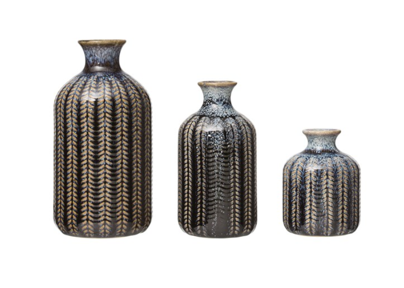 Blue Embossed Stoneware Vases