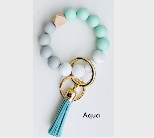 Aqua Bangle Keychain | Silicone Wristlet Key Ring | Bead Bracelet