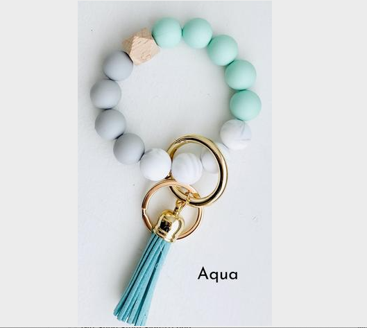 Aqua Bangle Keychain Silicone Wristlet Key Ring Bead Bracelet Rebel Villa