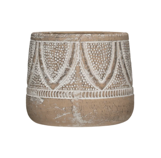 Embossed Terracotta Planter with Whitewash Finish