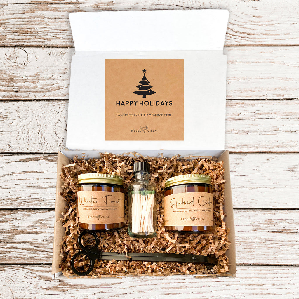 Happy Holidays Candle Care Gift Box | Soy Candles + Matches + Wick Trimmer