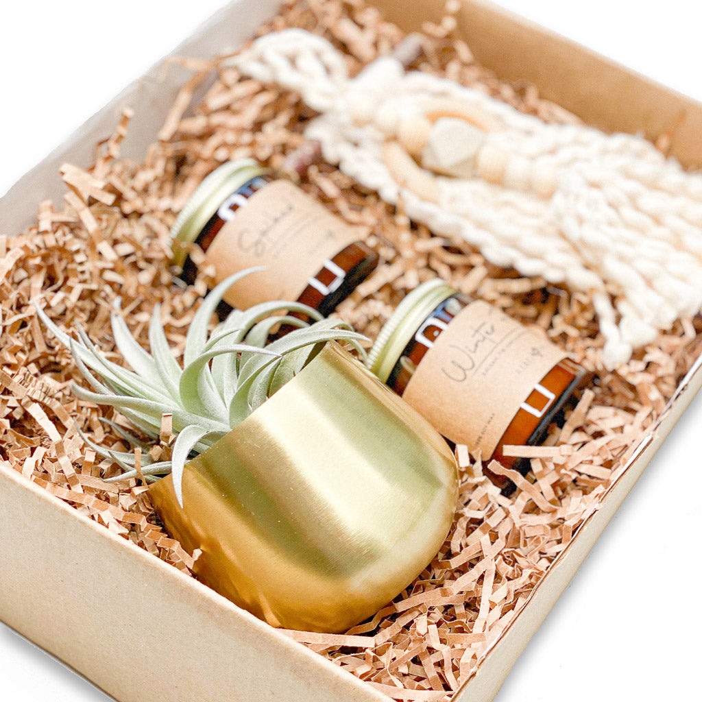 Merry and Bright Holiday Gift Box Set | Gold Votive Pot + Live Air Plant + Soy Candles + Ornaments