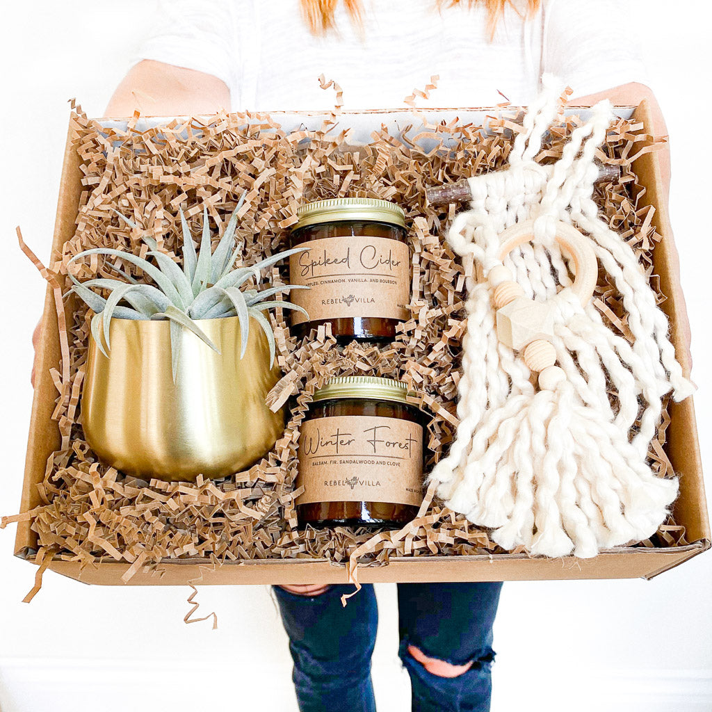 Merry and Bright Holiday Gift Box Set | Gold Votive Pot + Live Air Plant + Soy Candles + Ornaments