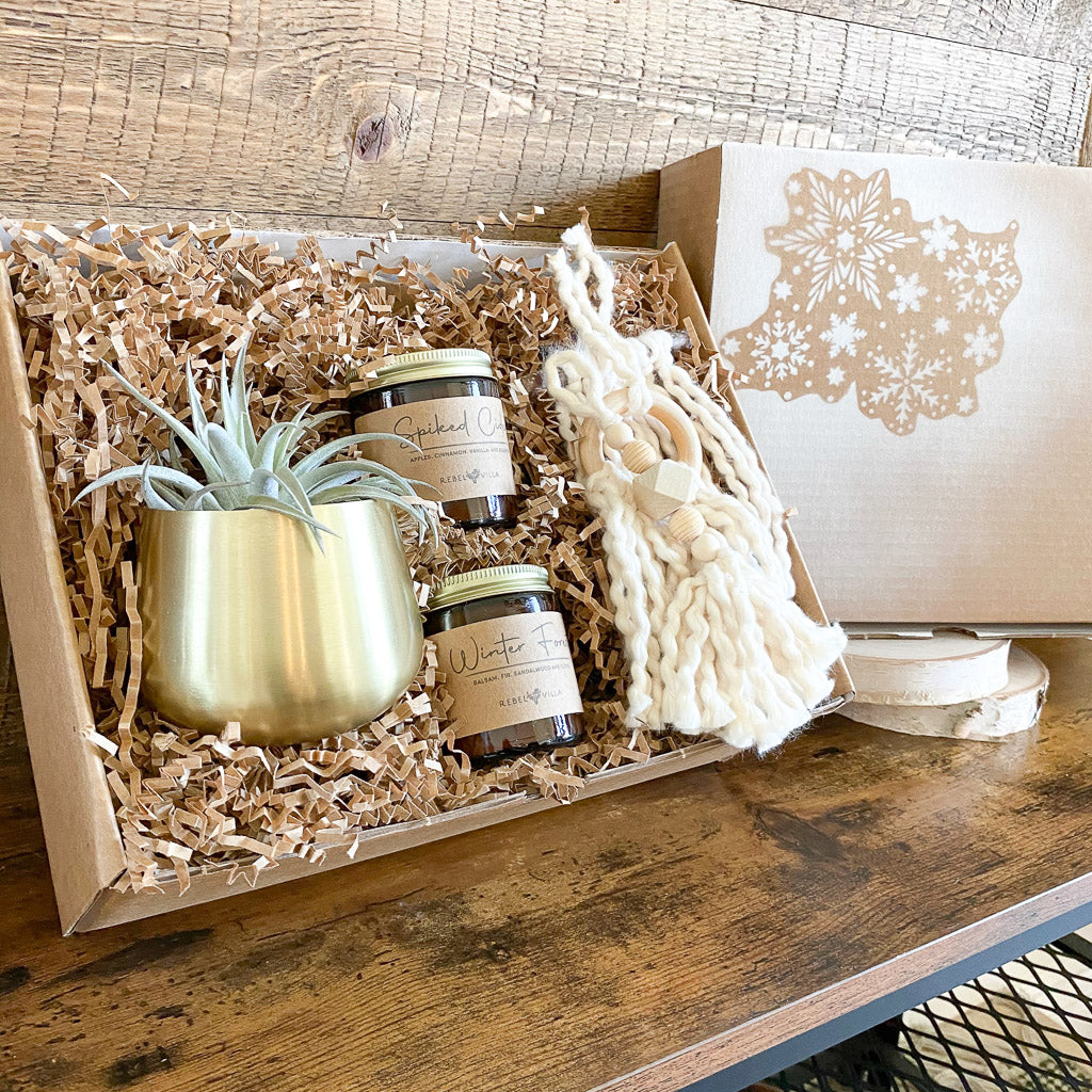 Merry and Bright Holiday Gift Box Set | Gold Votive Pot + Live Air Plant + Soy Candles + Ornaments