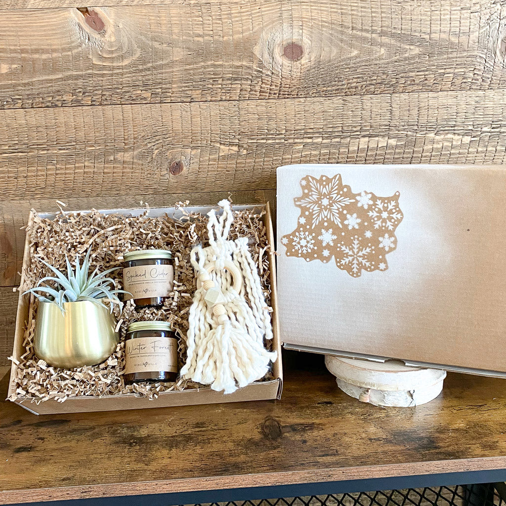 Merry and Bright Holiday Gift Box Set | Gold Votive Pot + Live Air Plant + Soy Candles + Ornaments