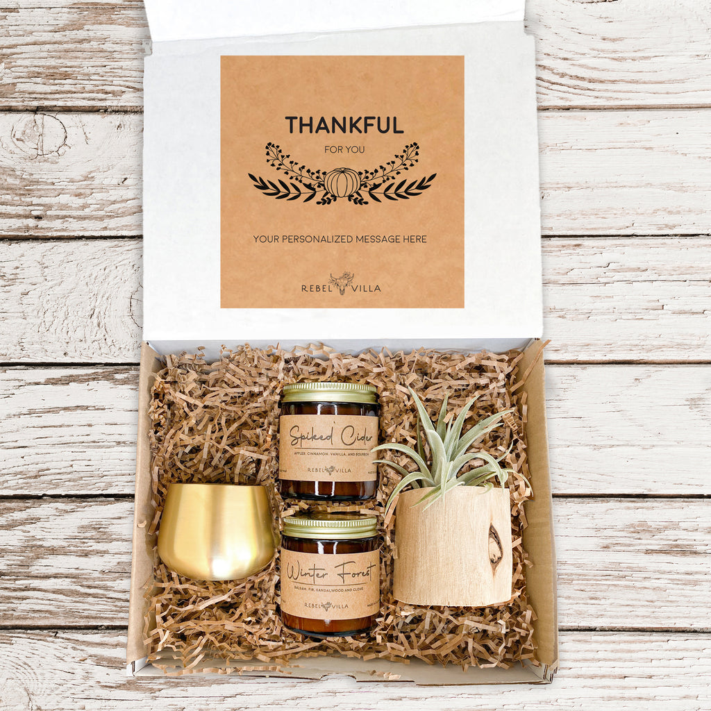 Thankful For You Fall Gift Box | Driftwood Pot + Air Plant + Soy Candles + Gold Votive