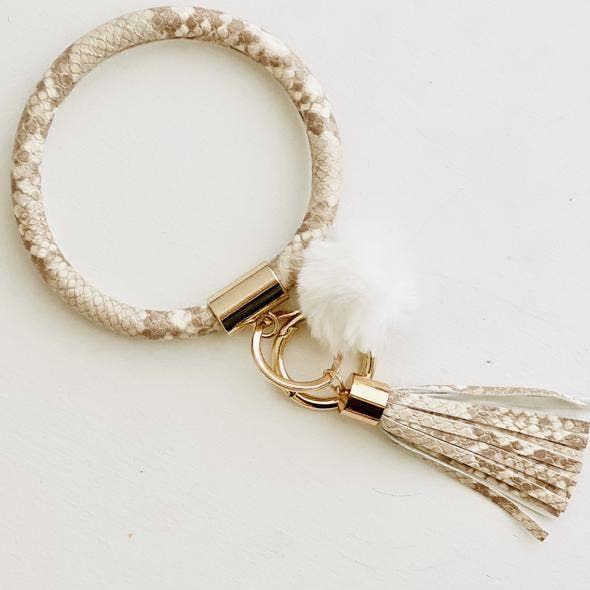 Greige Snake Bangle Keychain with Pom