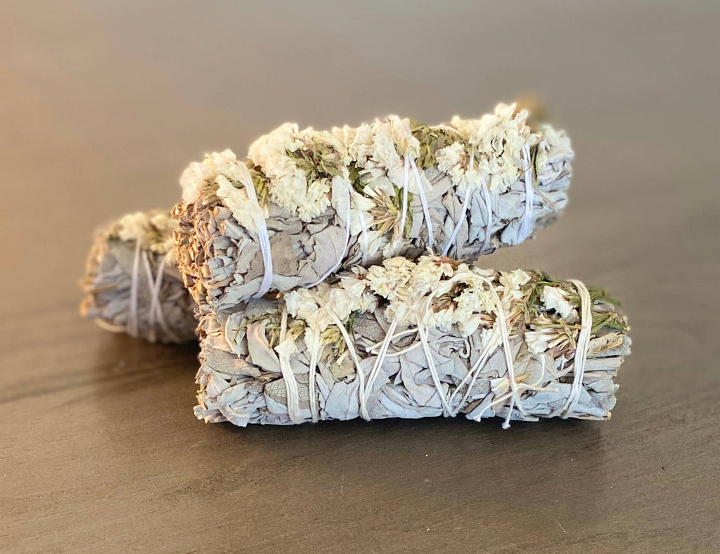 White Sage Smudge Sticks with White Flowers