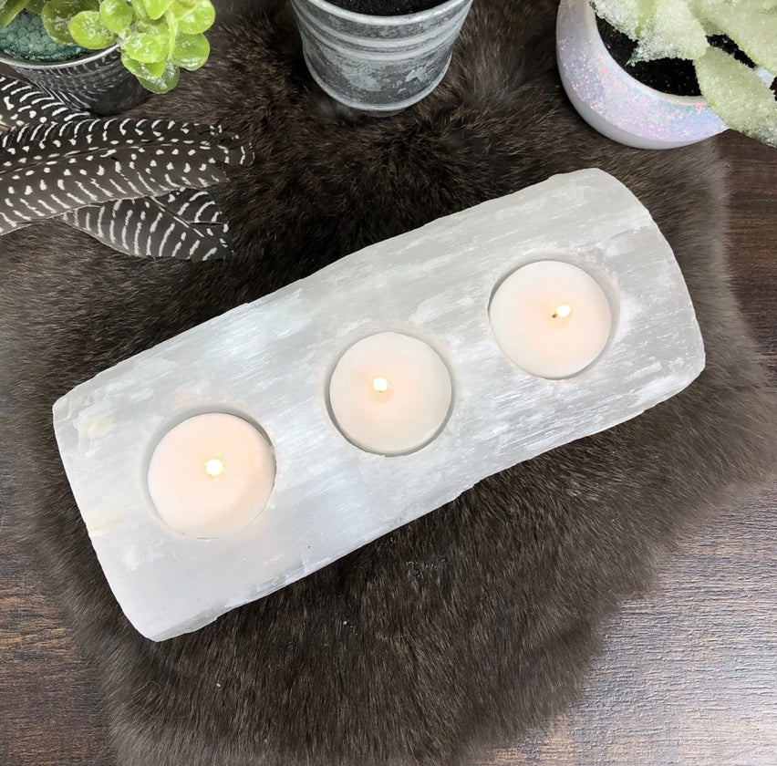 Selenite Log  3 votive candle holder
