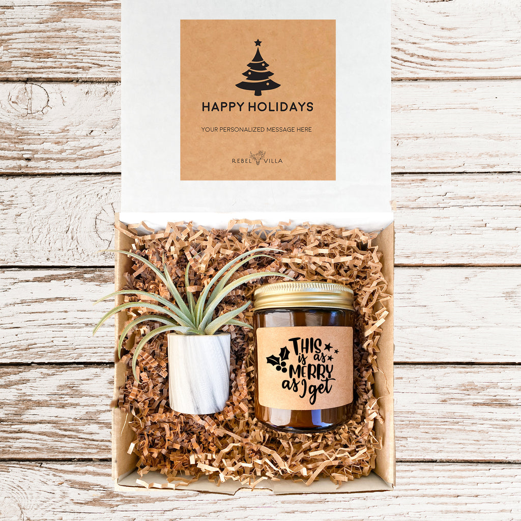 Happy Holidays Funny Gift Box | Marble Pot with Air Plant + 1 Snarky Candle
