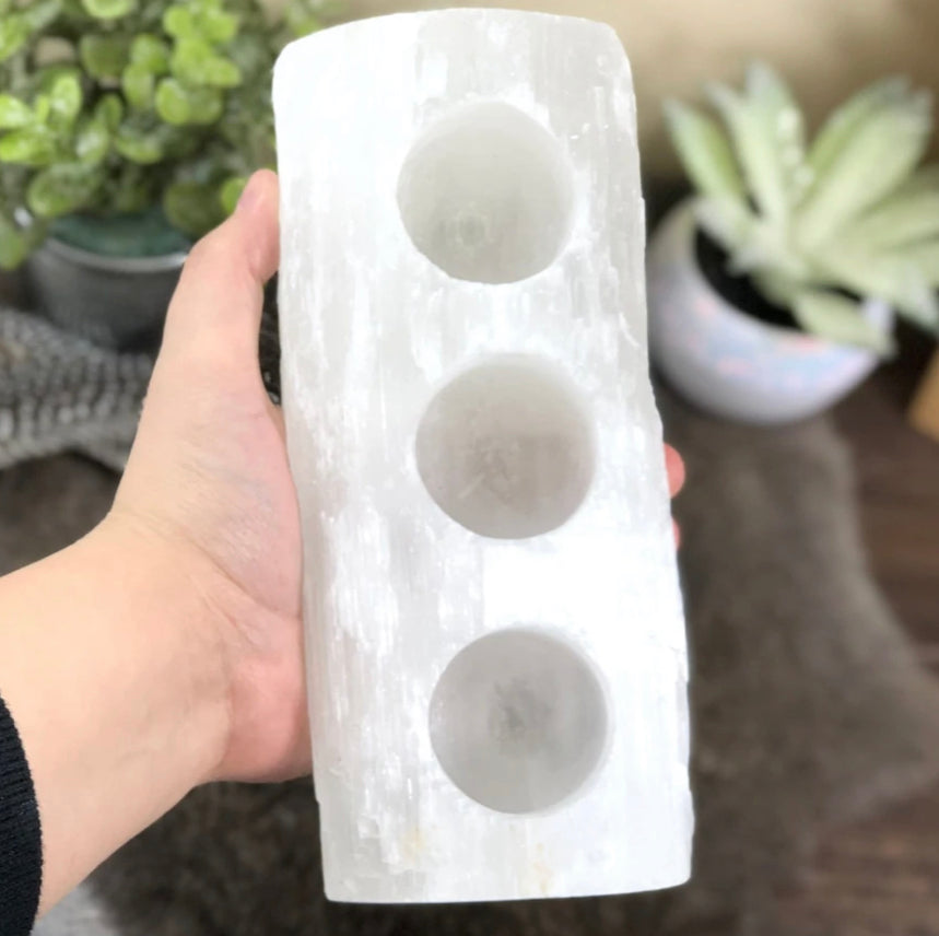 Selenite Log  3 votive candle holder