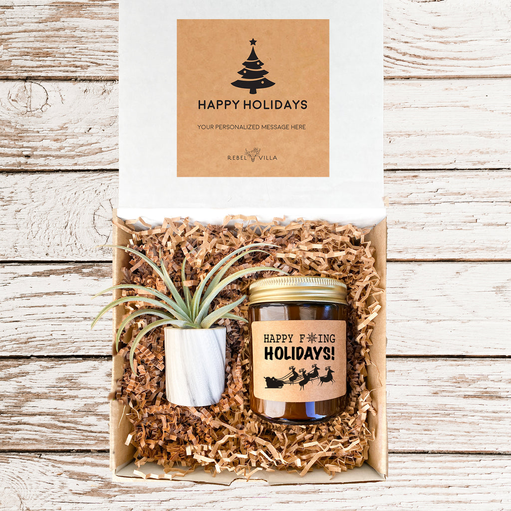 Happy Holidays Funny Gift Box | Marble Pot with Air Plant + 1 Snarky Candle