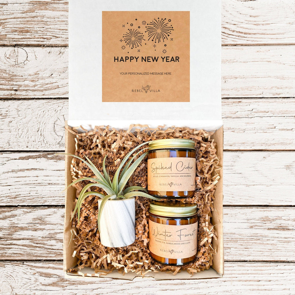 Happy New Year Gift Box | Marble Pot with Air Plant + 2 Soy Candles